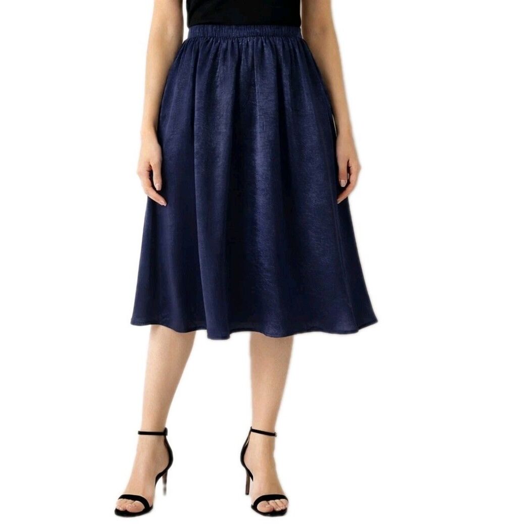 Haute Monde Navy Blue Satin Midi Skirt Elastic Waist Lined Shiny A-Line Size S